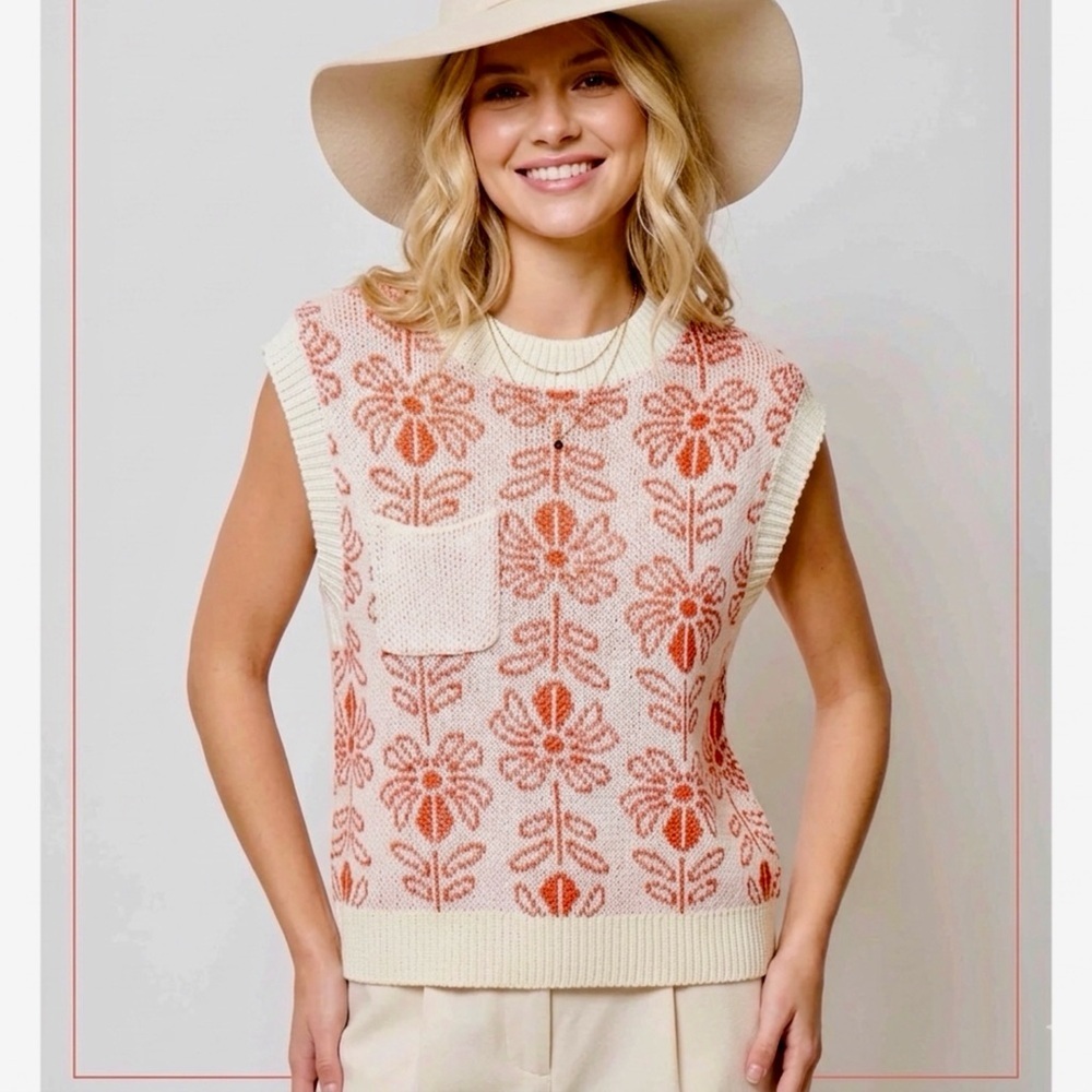 La Miel Floral Knit Sweater Vest Retro Revival Sleeveless Top Burnt Orange Small